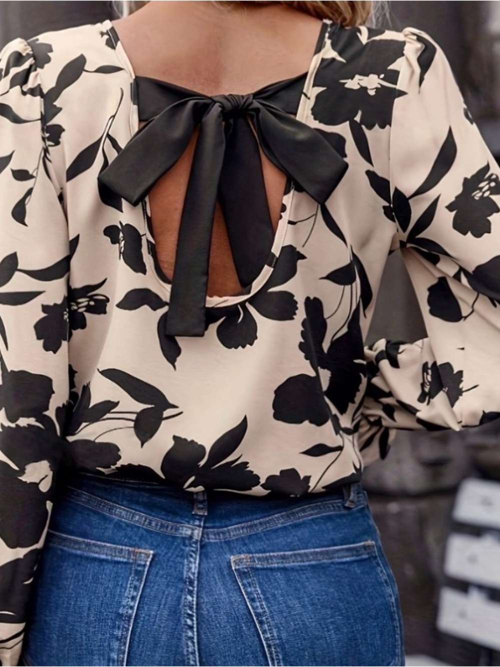 Floral Tie-Back Blouse in Black and Cream